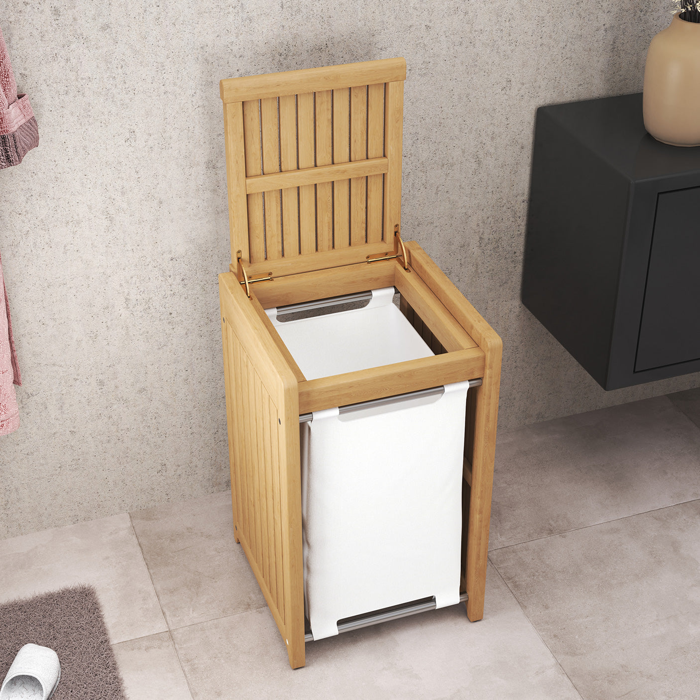 Light wood laundry basket with its lid open, showing a white canvas liner inside from Be A Little.