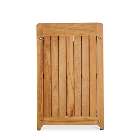 Top-down rear view of a light wood laundry basket by Be A Little, showing the slatted lid design.