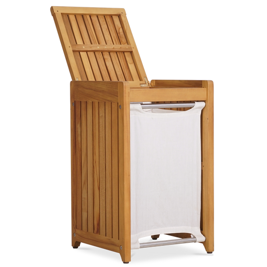 Natural Agra teak laundry basket with a removable white canvas liner, shown with its open lid.