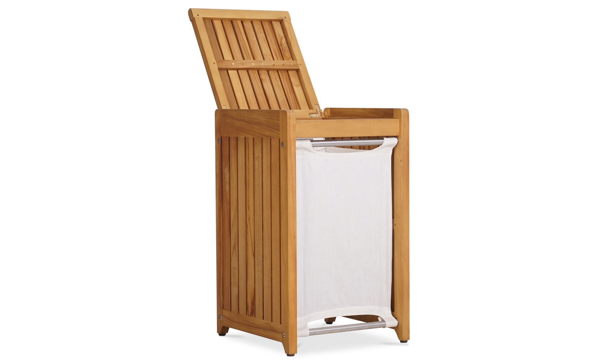 Natural Agra teak laundry basket with a removable white canvas liner, shown with its open lid.