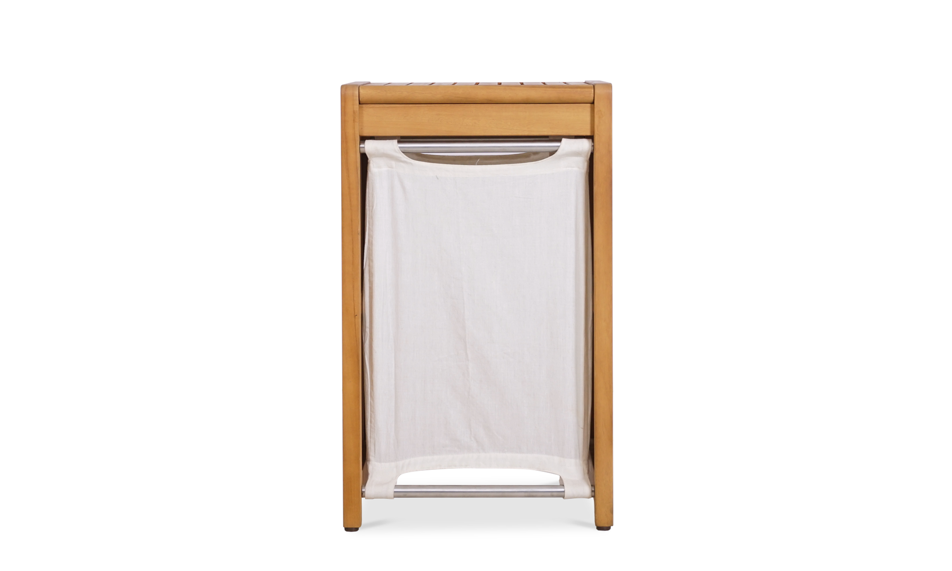 Frontal view of a natural teak laundry basket with a removable white canvas liner by Be A Little.