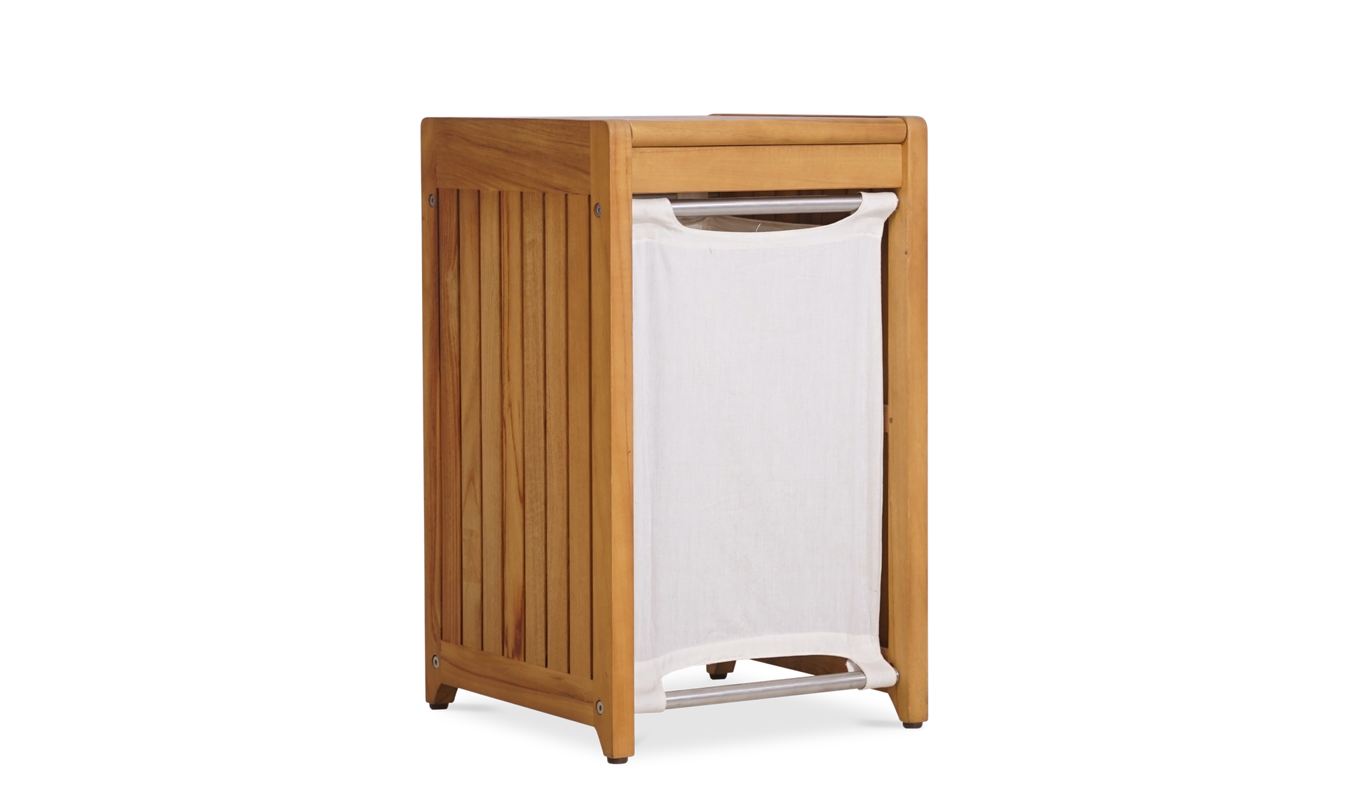 A natural teak laundry basket with a removable white canvas liner, shown with its lid closed.
