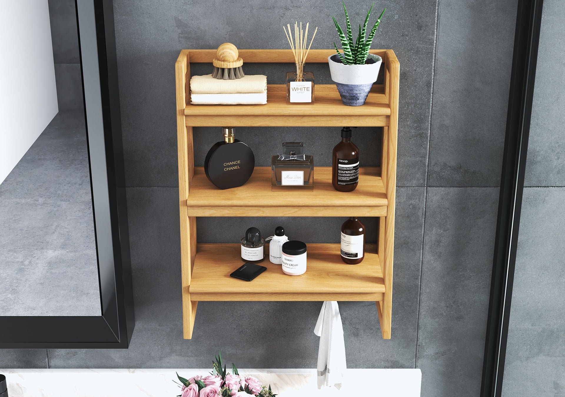 Three-tier premium teakwood bathroom shelf with round edges, holding toiletries, towels, & a plant.