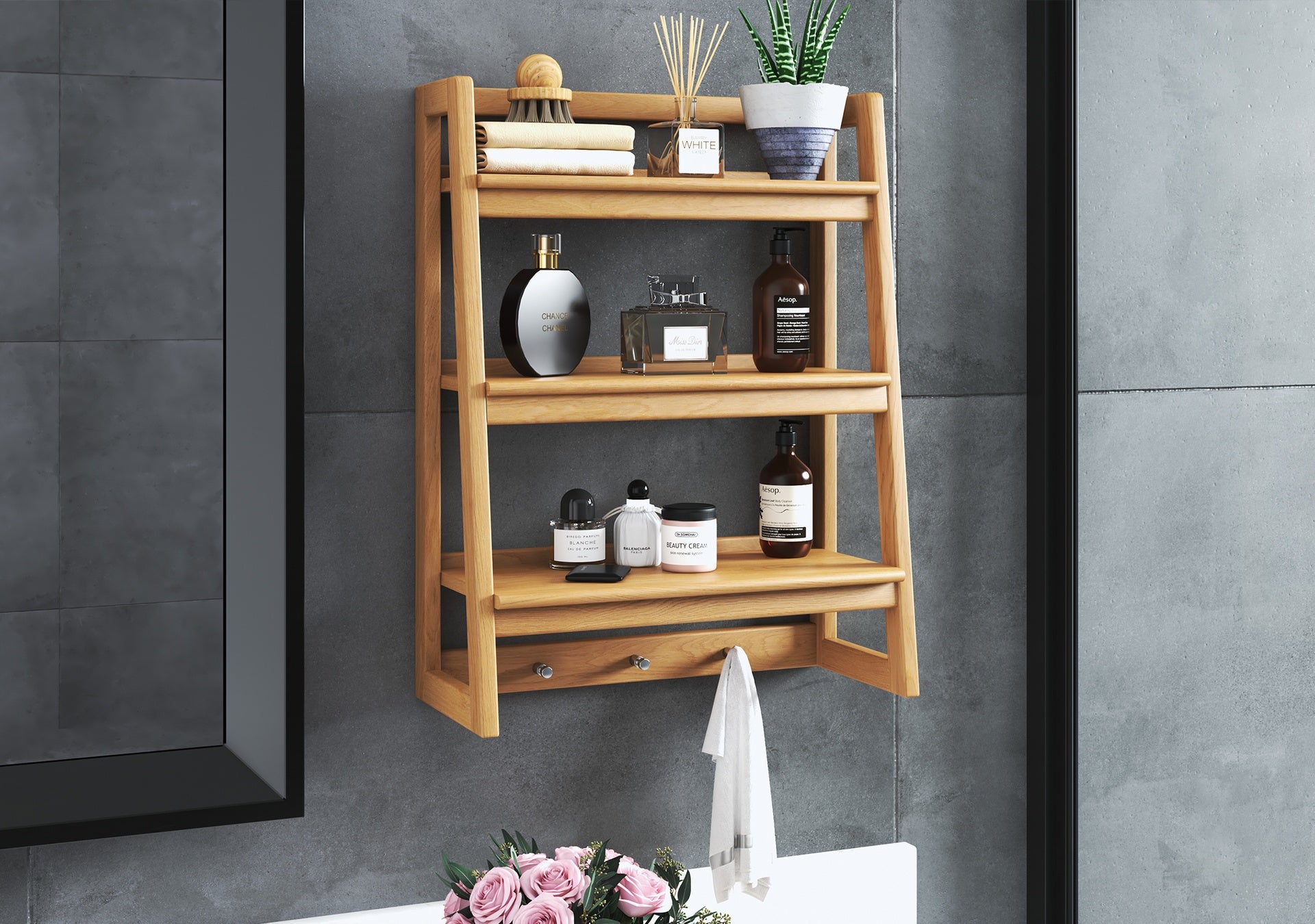 Modern bathroom aira shelf made of teak wood, holding various bottles, a plant, and rolled towels.
