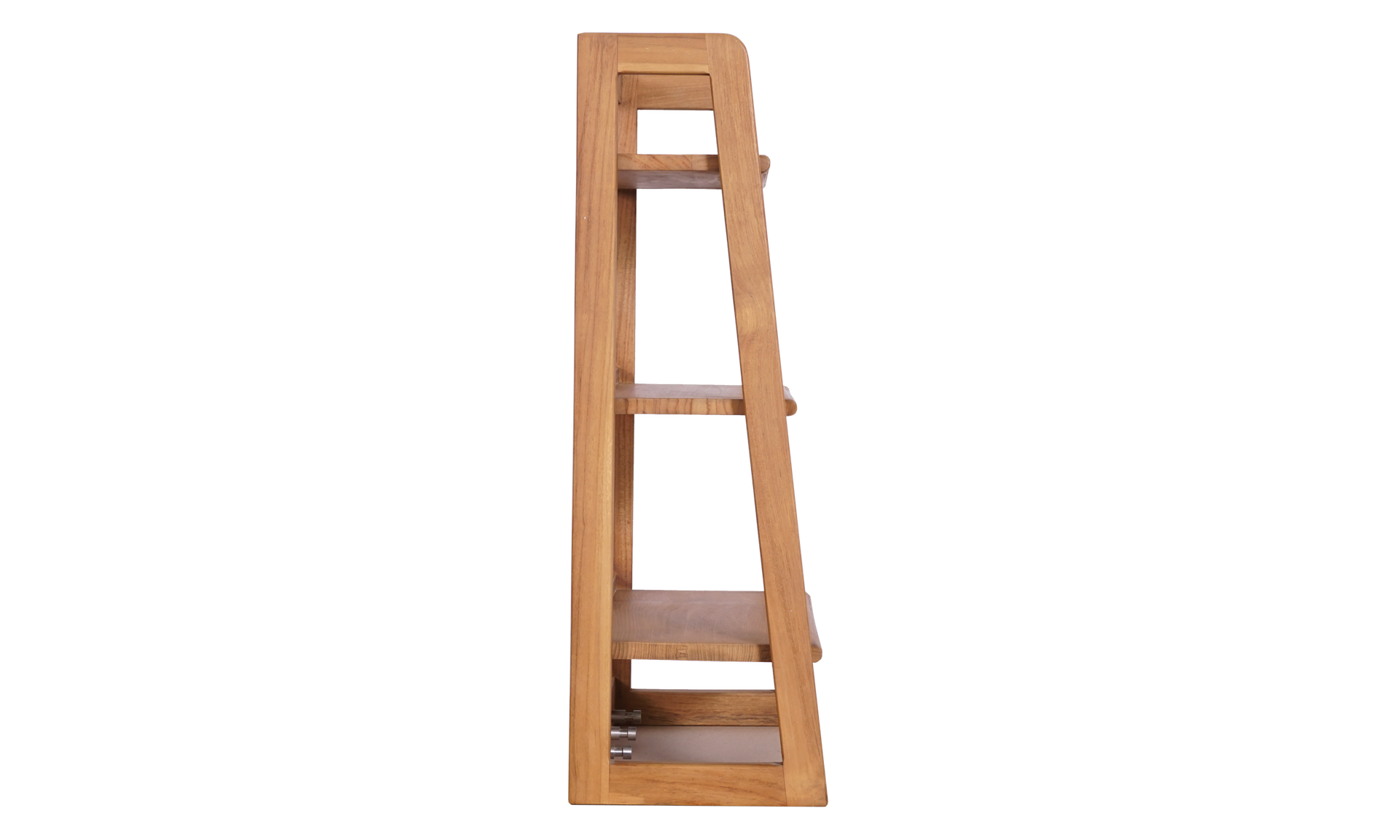 A side profile view of a premium teak Aira shelf, showcasing its three tiers and slatted design.
