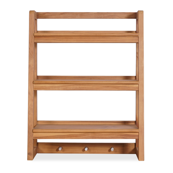 Straight-on view of a solid teak Aira shelf with 3-tiers & three hooks for hanging by Be A Little.