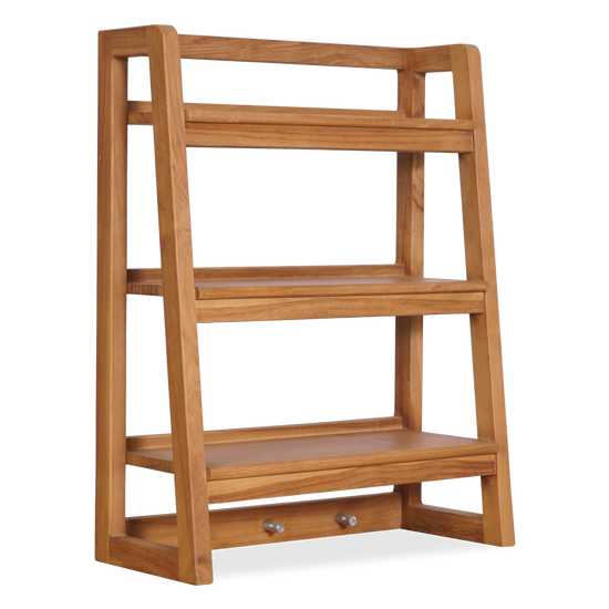 A solid teakwood Aira shelf with three tiers and two hooks for hanging, from BALI - Be A Little.