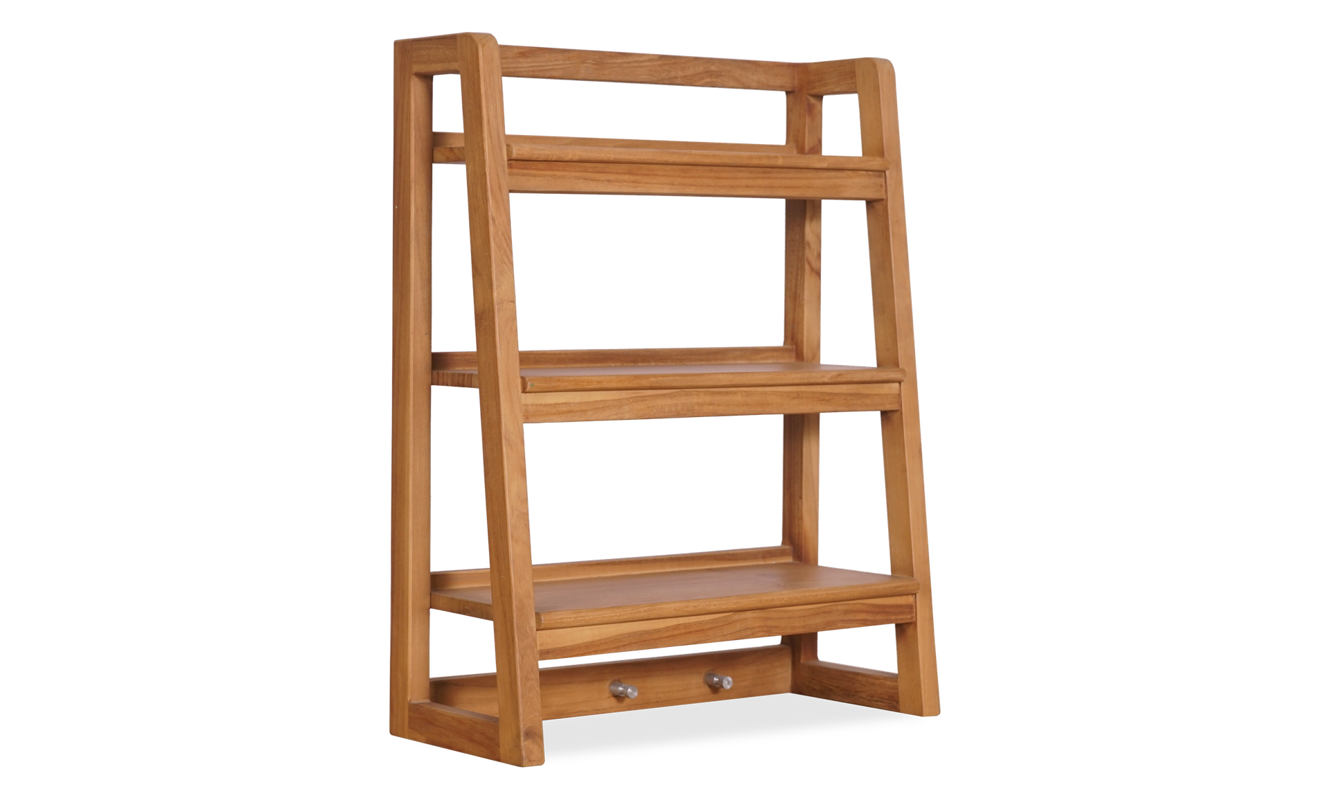 A solid teakwood Aira shelf with three tiers and two hooks for hanging, from BALI - Be A Little.