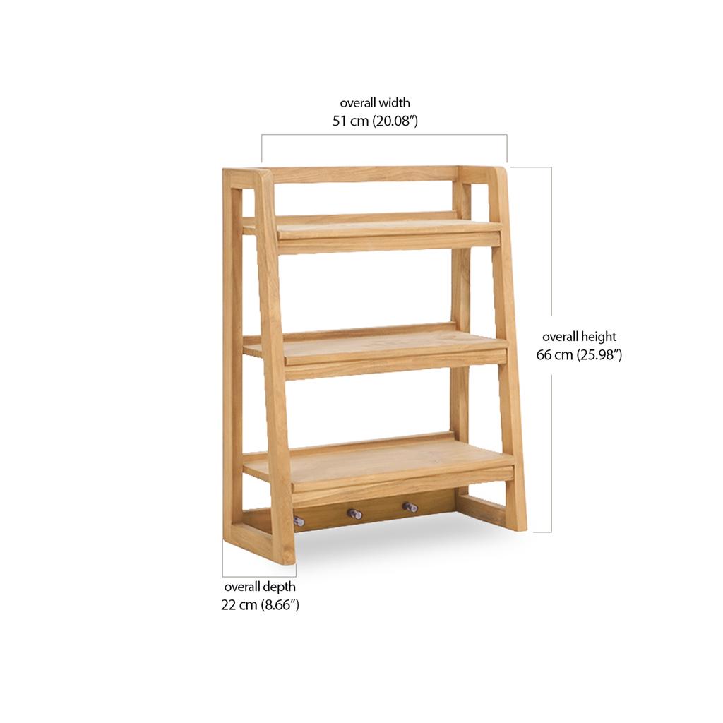 A teak Aira shelf with its dimensions: 66cm (25.98") high, 51cm (20.08") wide, & 22cm (8.66") deep.