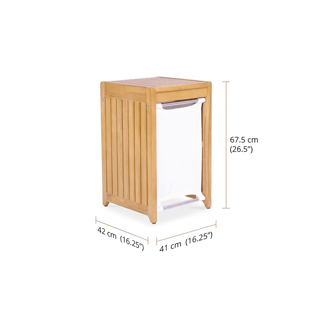 Laundry basket with its dimensions: 67.5cm(26.5") tall, 42cm (16.25") wide, and 41cm (16.25") deep.