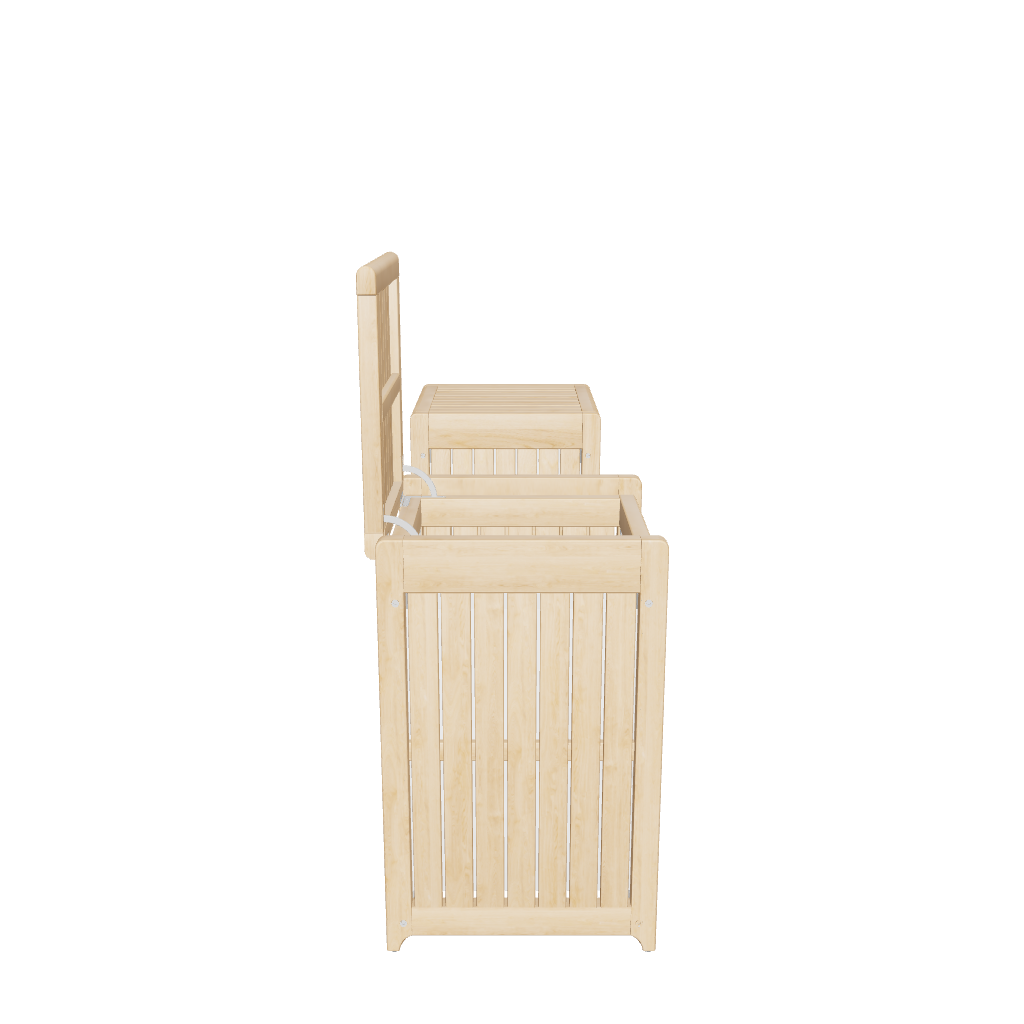 A profile side view of a premium teak wood Agra laundry basket with the lid open by Be A Little.