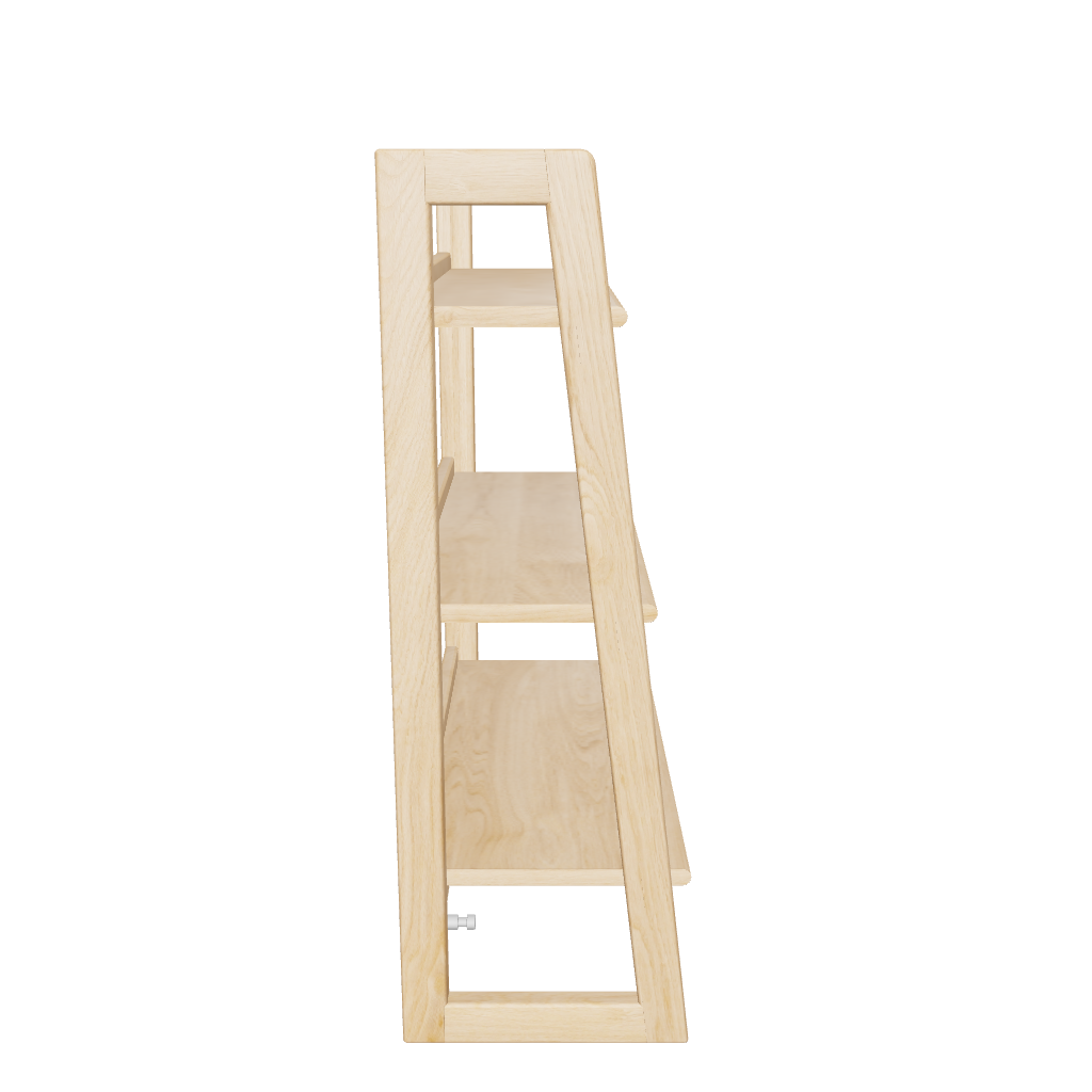 A profile side view of a light-colored wooden Aira shelf with three tiers, from BALI - Be A Little.